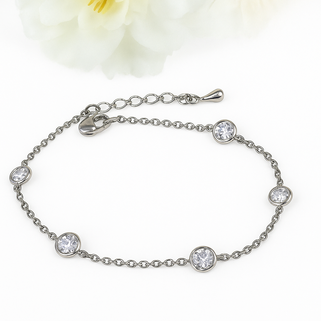 925 Sterling Silver CZ Station Bracelet With Five Bezel-Set Cubic Zirconia Stones