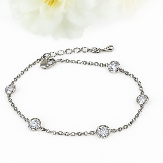 925 Sterling Silver CZ Station Bracelet With Five Bezel-Set Cubic Zirconia Stones